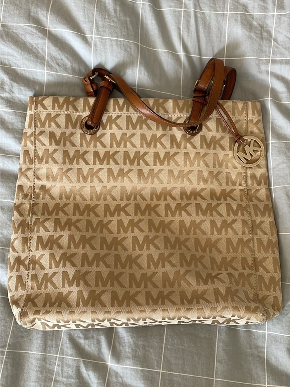 Michael Kors Beige Tan MK Logo Tote with Leather Straps